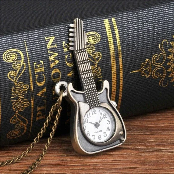 Guitar Pendant Watch NEW Gift Guitarist Player Pocket Necklace Fender Vintage - Picture 2 of 4